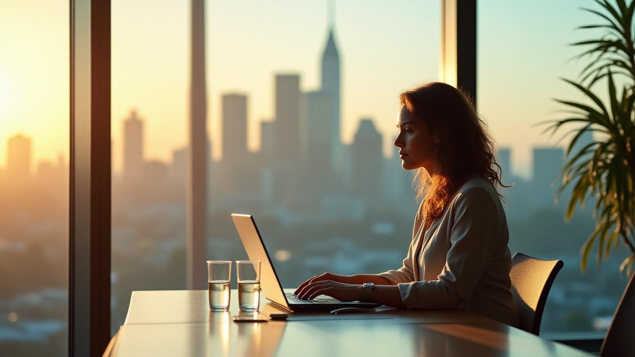 A focused professional in a sunlit Melbourne office space, radiating calm productivity